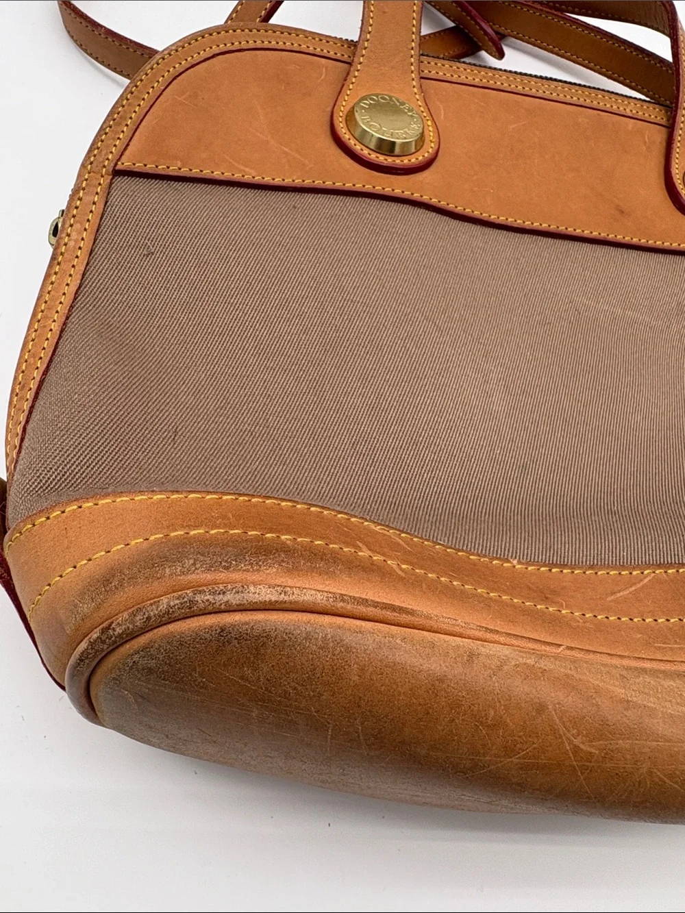 VTG Dooney & Bourke Cabriolet Tan Leather Canvas Dome Handbag Purse USA BLEMISH